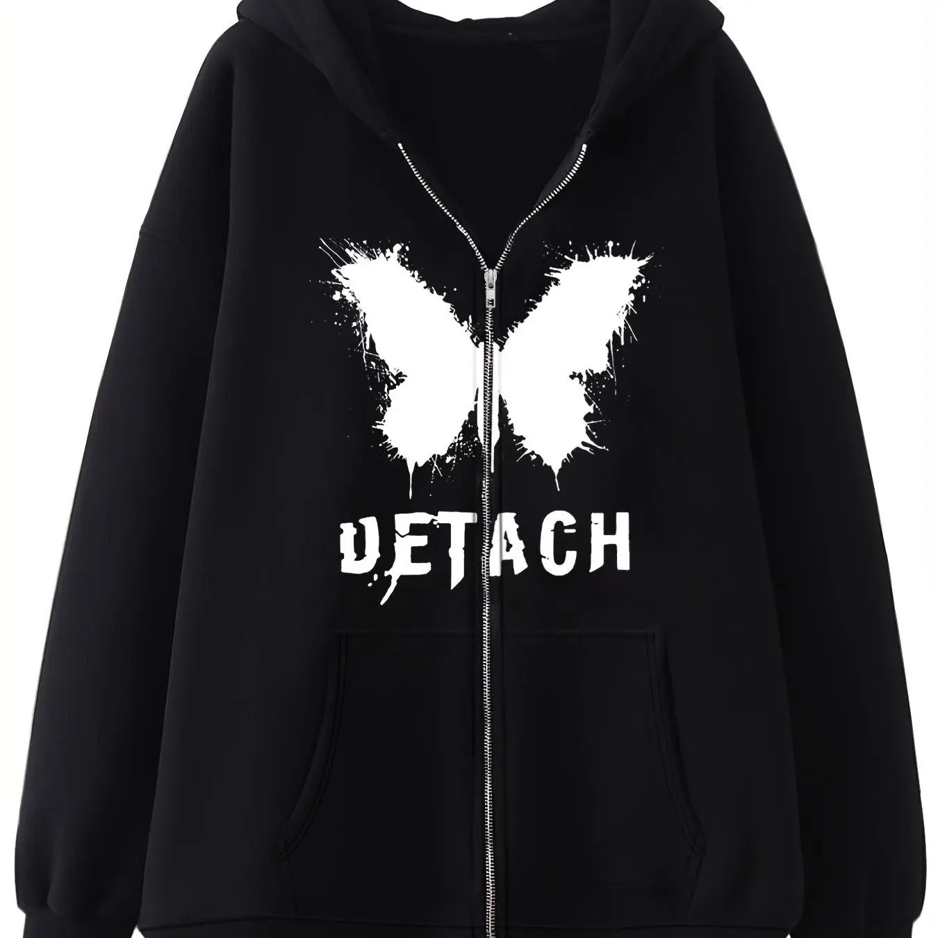 Women's Butterfly & Letter Print Pocket Zip Up Hoodie, Casual Long Sleeve Drop Shoulder Hooded Sweatshirt for Fall &...