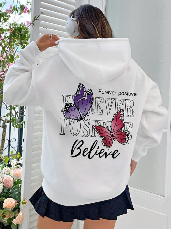 Women's Butterfly & Letter Print Pullover Hoodie with Pocket, Casual Loose Drop Shoulder Long Sleeve Hooded Sweatshirt...