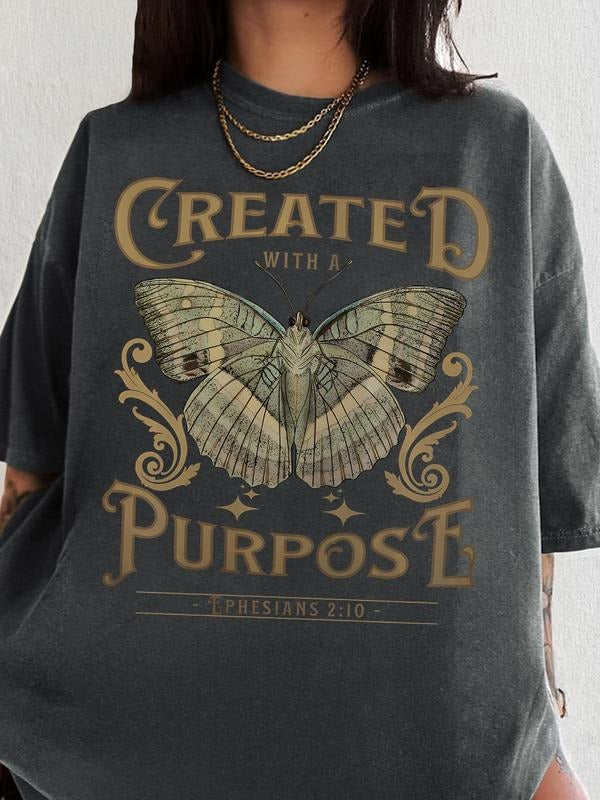 Women's Butterfly & Letter Print Round Neck Graphic Tee, Vintage Trendy Casual Figure Graphic Short Sleeve T-shirt for...