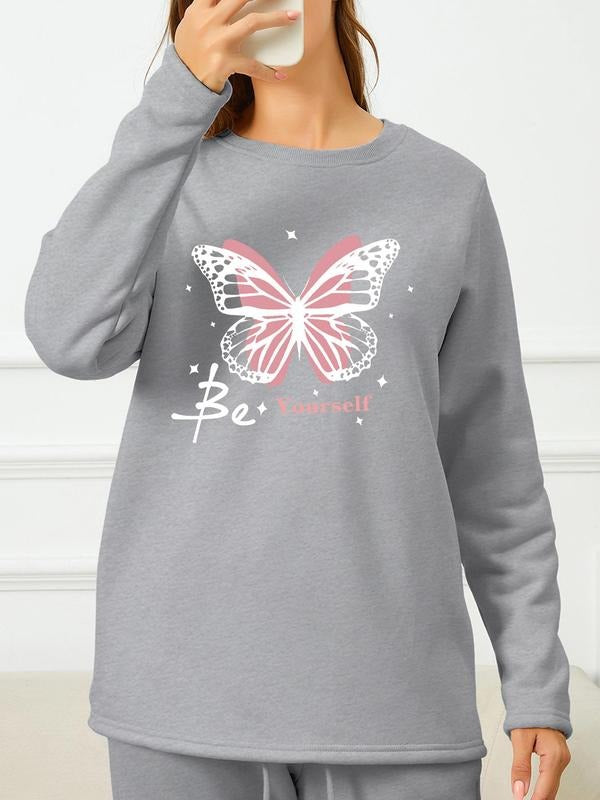 Women's Butterfly & Letter Print Round Neck Pullover, Fashion Casual Crew Neck Sweatshirt for Daily Holiday Outdoor Wear,...