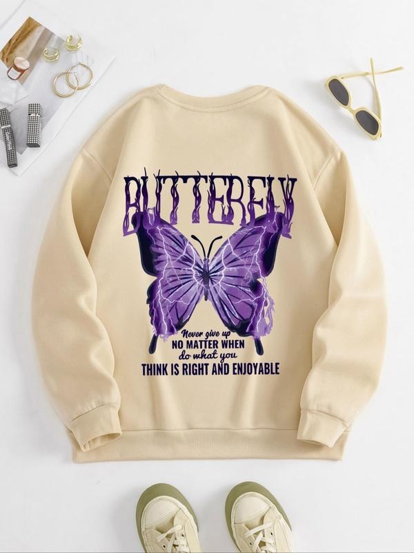 Women's Butterfly & Letter Print Round Neck Sweatshirt, Casual Long Sleeve Crew Neck Pullover for Spring & Fall, Fashion...