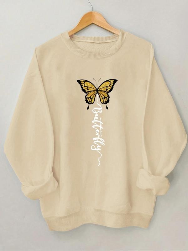 Women's Butterfly & Letter Print Round Neck Sweatshirt, Casual Long Sleeve Crew Neck Pullover for Spring & Fall, Fashion...