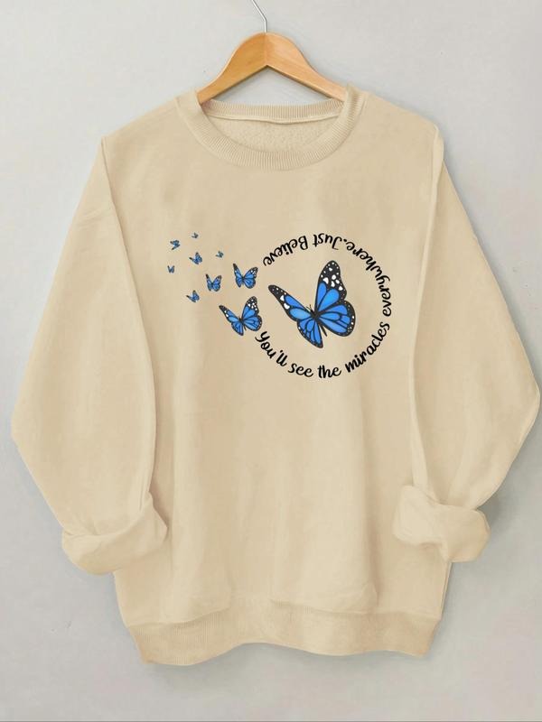 Women's Butterfly & Letter Print Round Neck Sweatshirt, Casual Long Sleeve Crew Neck Pullover for Spring & Fall, Fashion...