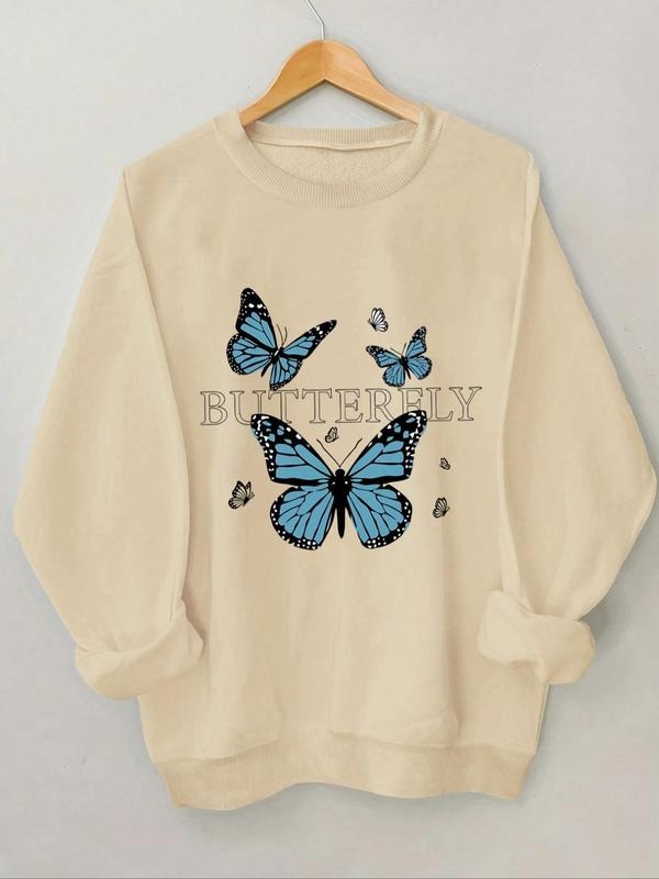 Women's Butterfly & Letter Print Round Neck Sweatshirt, Casual Long Sleeve Crew Neck Pullover for Spring & Fall, Fashion...
