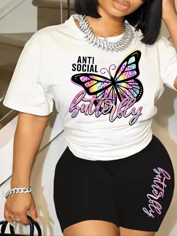 Women's Butterfly & Letter Print Round Neck Tee, Casual Graphic Short Sleeve T-Shirt, Ladies All Seasons Outfit Hoodie,...