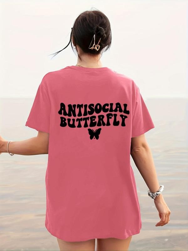 Women's Butterfly & Letter Print Round Neck Tee, Casual Short Sleeve Crew Neck T-Shirt for Daily Wear, Ladies Summer...