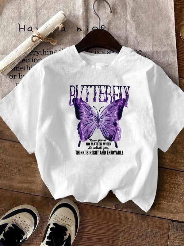 Women's Butterfly & Letter Print Round Neck Tee, Casual Short Sleeve Crew Neck T-shirt for Summer, Fashion Women's Top...