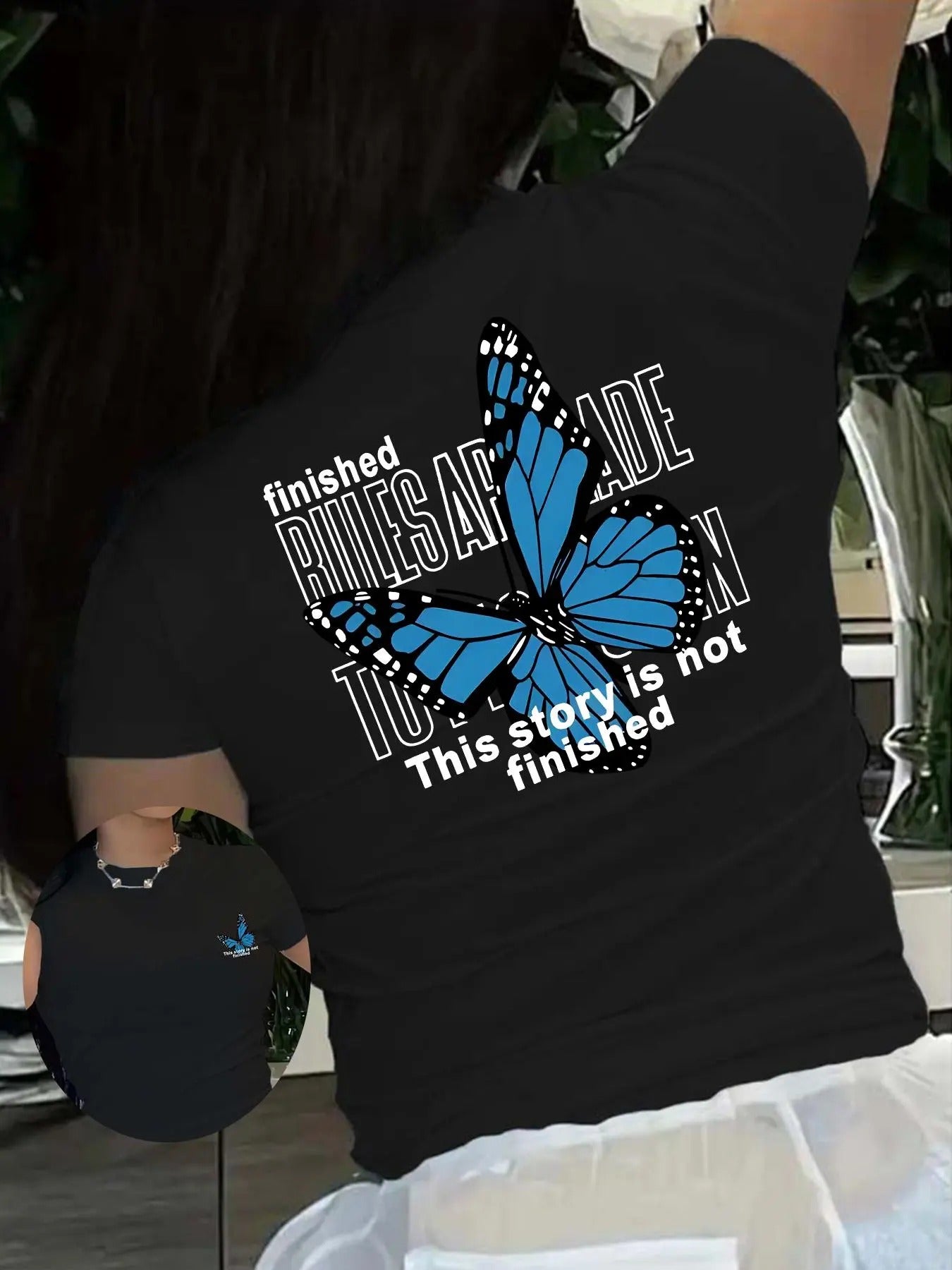 Women's Butterfly & Letter Print Round Neck Tee, Fashion Casual Crew Neck Short Sleeve T-Shirt for Daily Holiday Vacation...
