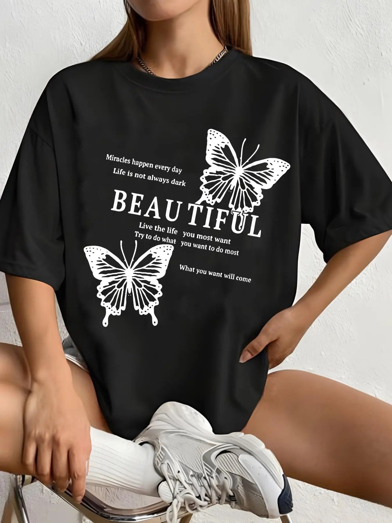 Women's Butterfly & Letter Print Round Neck Tee, Vintage Casual Graphic Drop Shoulder Short Sleeve T-shirt For Daily...