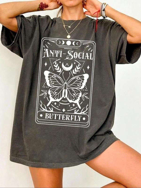 Women's Butterfly & Letter Print Round Neck Tee, Vintage Trendy Casual Short Sleeve T-shirt for Daily Wear, Ladies Summer...