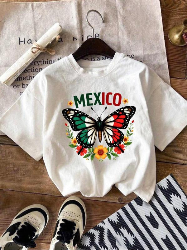 Women's Butterfly & Mexico Flag Print Round Neck Tee, Casual Short Sleeve Crew Neck T-Shirt for Daily Wear, Ladies...