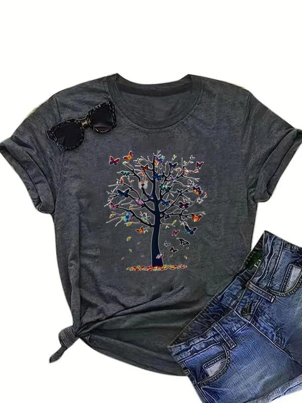 Women's Butterfly & Plants Print Round Neck Tee, Casual Short Sleeve T-Shirt for Summer, Women's Top for Daily Wear...