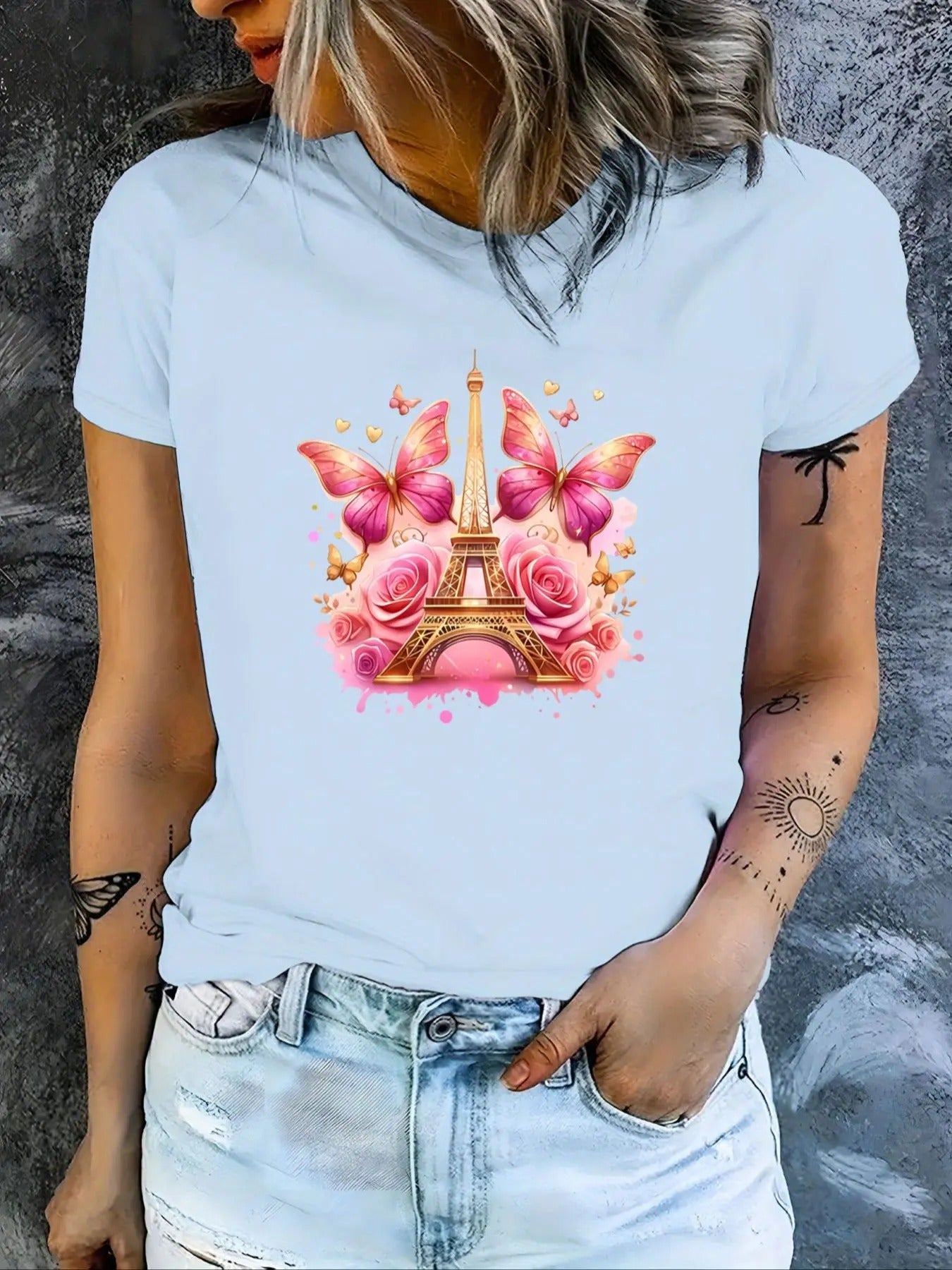 Women's Butterfly & Rose & Eiffel Tower Print Round Neck Tee, Fashion Casual Short Sleeve T-Shirt for Daily Holiday...