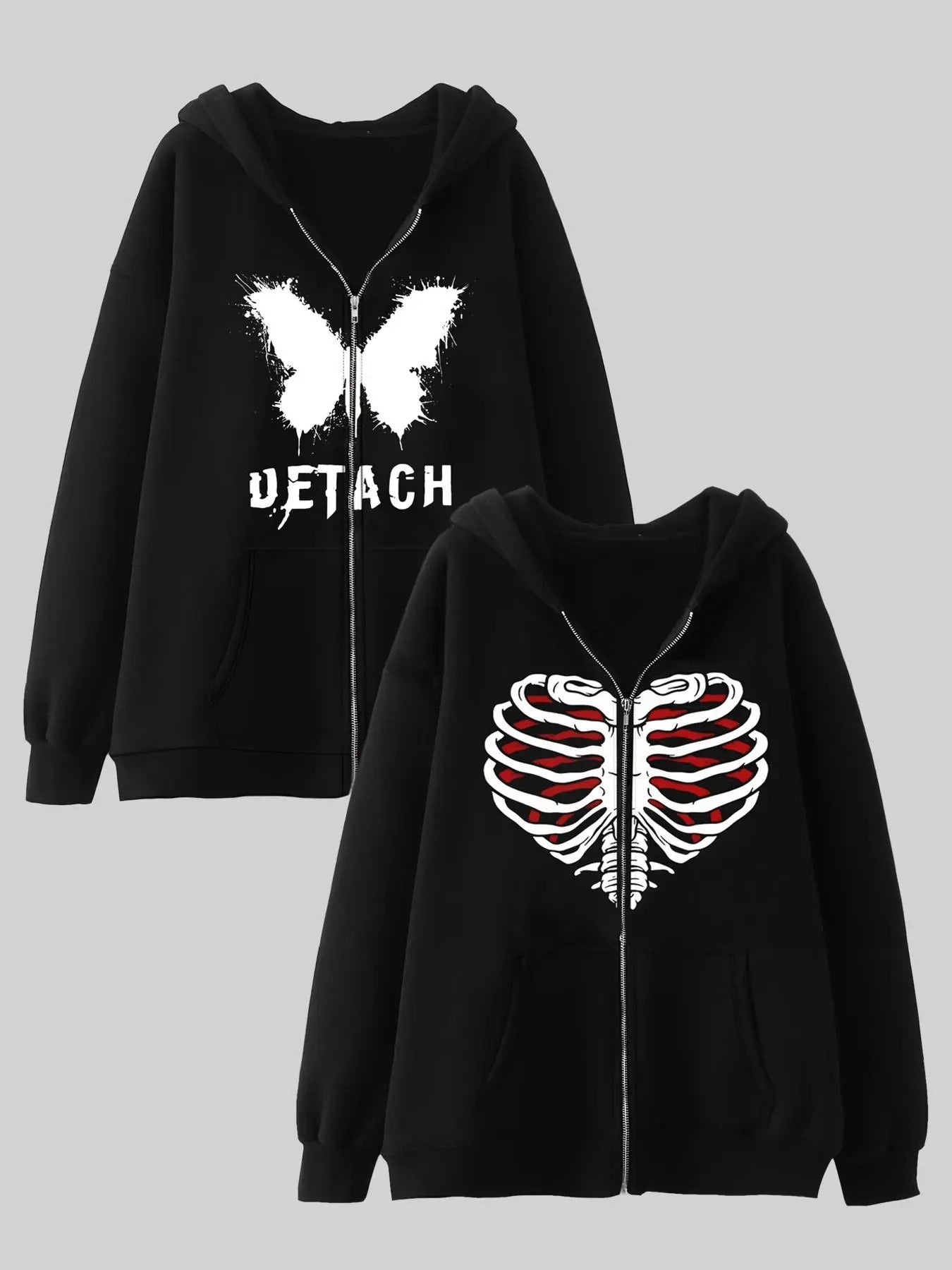 Women's Butterfly & Skeleton Print Zip Up Hoodie, Fashion Casual Long Sleeve Hooded Sweatshirt for Daily Holiday Outdoor...