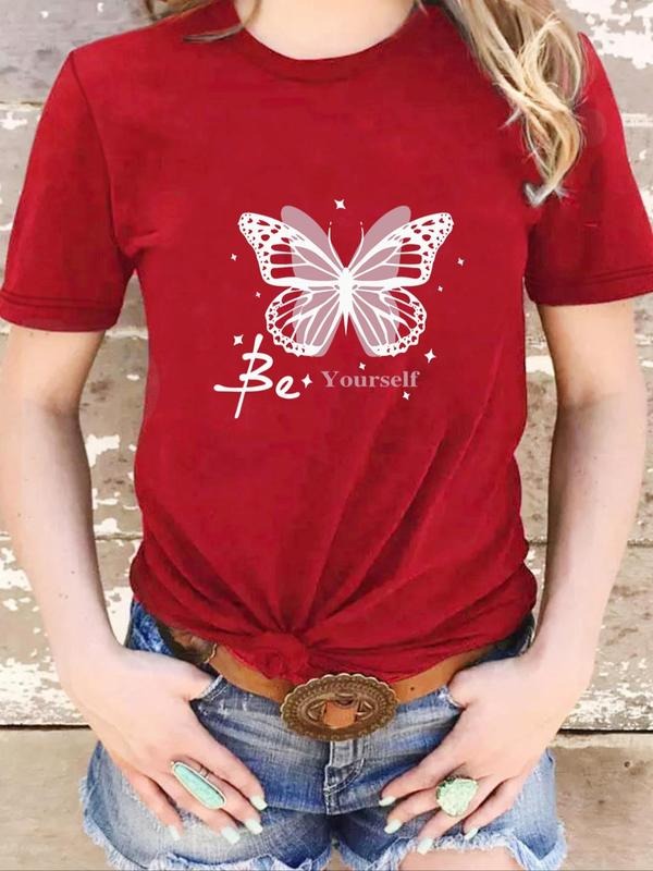 Women's Butterfly & Slogan Print Round Neck Tee, Casual Short Sleeve Crew Neck T-shirt, Ladies Summer Outfit for Daily...