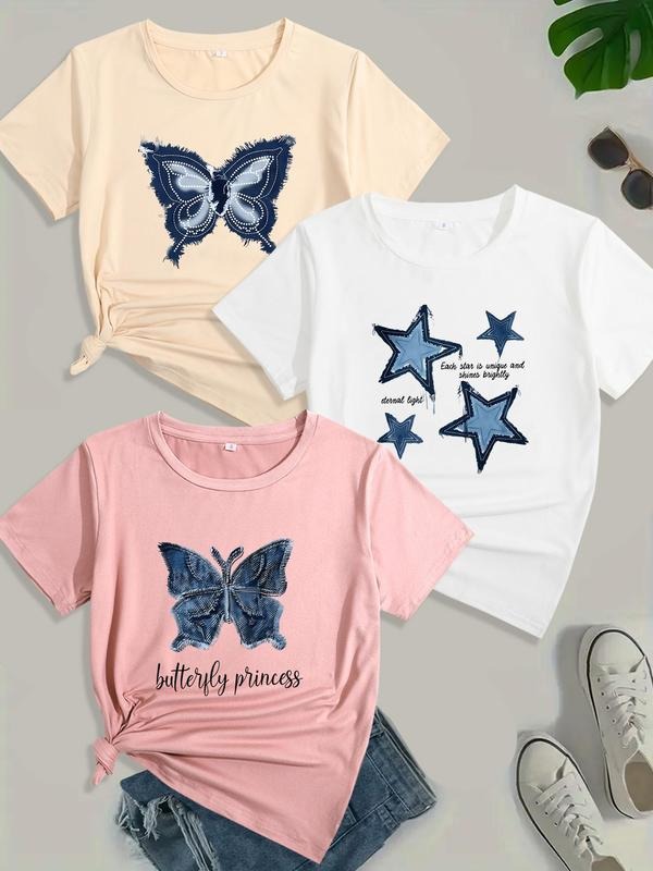 Women's Butterfly & Star Print Round Neck Tee, Casual Short Sleeve Crew Neck T-shirt for Summer, Fashion Women's Top for...