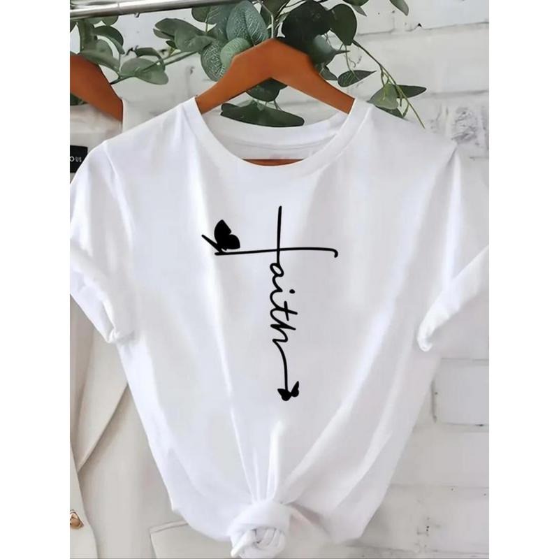 Women's Butterfly Cross Letter Print Round Neck Tee, Casual Short Sleeve Crew Neck T-shirt for Daily Wear, Ladies Clothes...