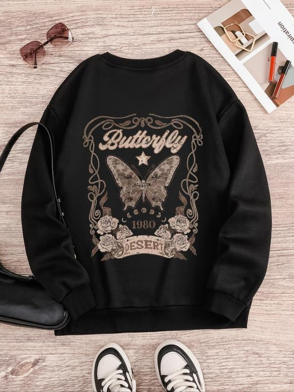 Women's Butterfly Graphic Print Crew Neck Sweatshirt, Casual Drop Shoulder Long Sleeve Pullover, Women's Fall & Winter...