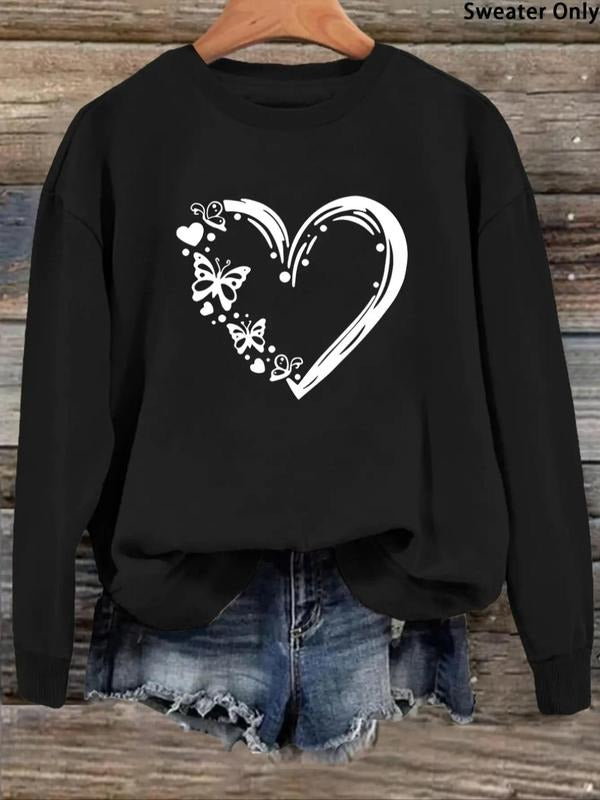 Women's Butterfly Heart Print Drop Shoulder Sweatshirt, Casual Long Sleeve Round Neck Pullover for Daily Wear, Ladies...