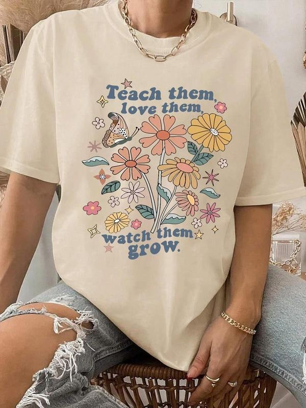 Butterfly Letter Floral Print Round Neck Vintage Casual Short Sleeve Daily All Seasons T-Shirts, Hoodie, Sweatshirt