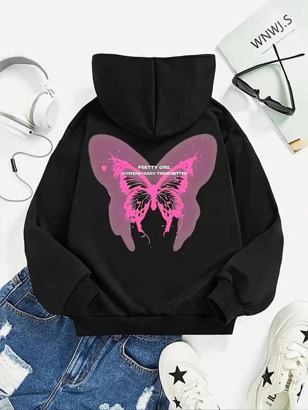 Women's Butterfly Print Drawstring Pocket Hoodie, 2024 New Style Fashion Casual Long Sleeve Hooded Sweatshirt for Daily...