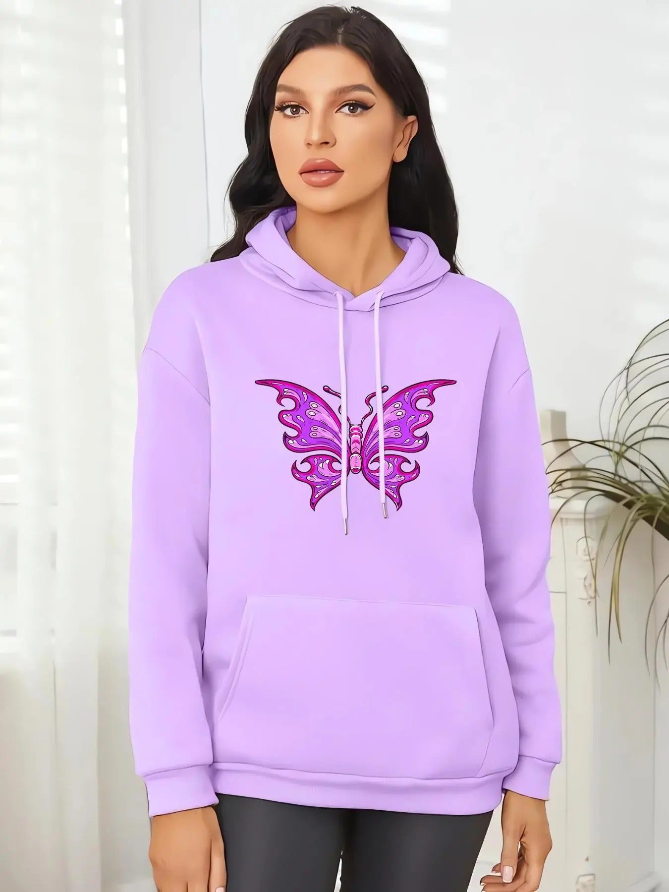 Women's Butterfly Print Drawstring Pocket Hoodie, Casual Drop Shoulder Long Sleeve Hooded Sweatshirt, Ladies Spring &...