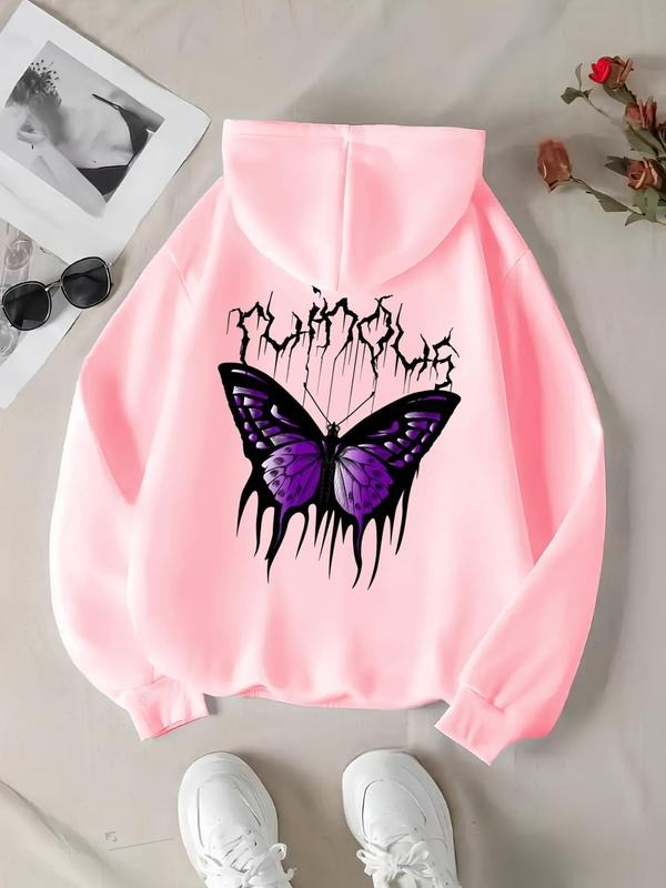 Women's Butterfly Print Drawstring Pocket Hoodie, Fashion Casual Hooded Sweatshirt for Daily Holiday Outdoor Wear, Ladies...