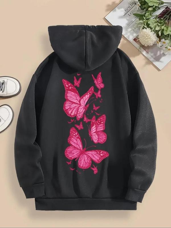 Women's Butterfly Print Drawstring Pocket Hoodie, Fashion Casual Hooded Sweatshirt for Daily Holiday Outdoor Wear, Women...