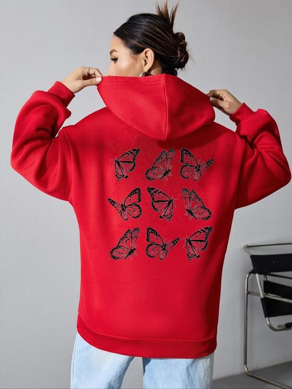 Women's Butterfly Print Drop Shoulder Hoodie, Fashion Casual Drawstring Hooded Sweatshirt for Daily Wear, Women Clothing...