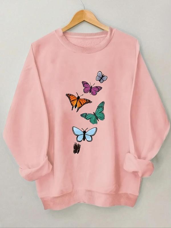 Women's Butterfly Print Drop Shoulder Sweatshirt, Casual Long Sleeve Round Neck Pullover for Spring & Fall, Ladies...