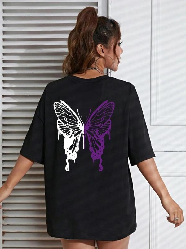 Women's Butterfly Print Drop Shoulder Tee, Casual Half Sleeve Round Neck T-shirt for Summer, Fashion Women's Top for...