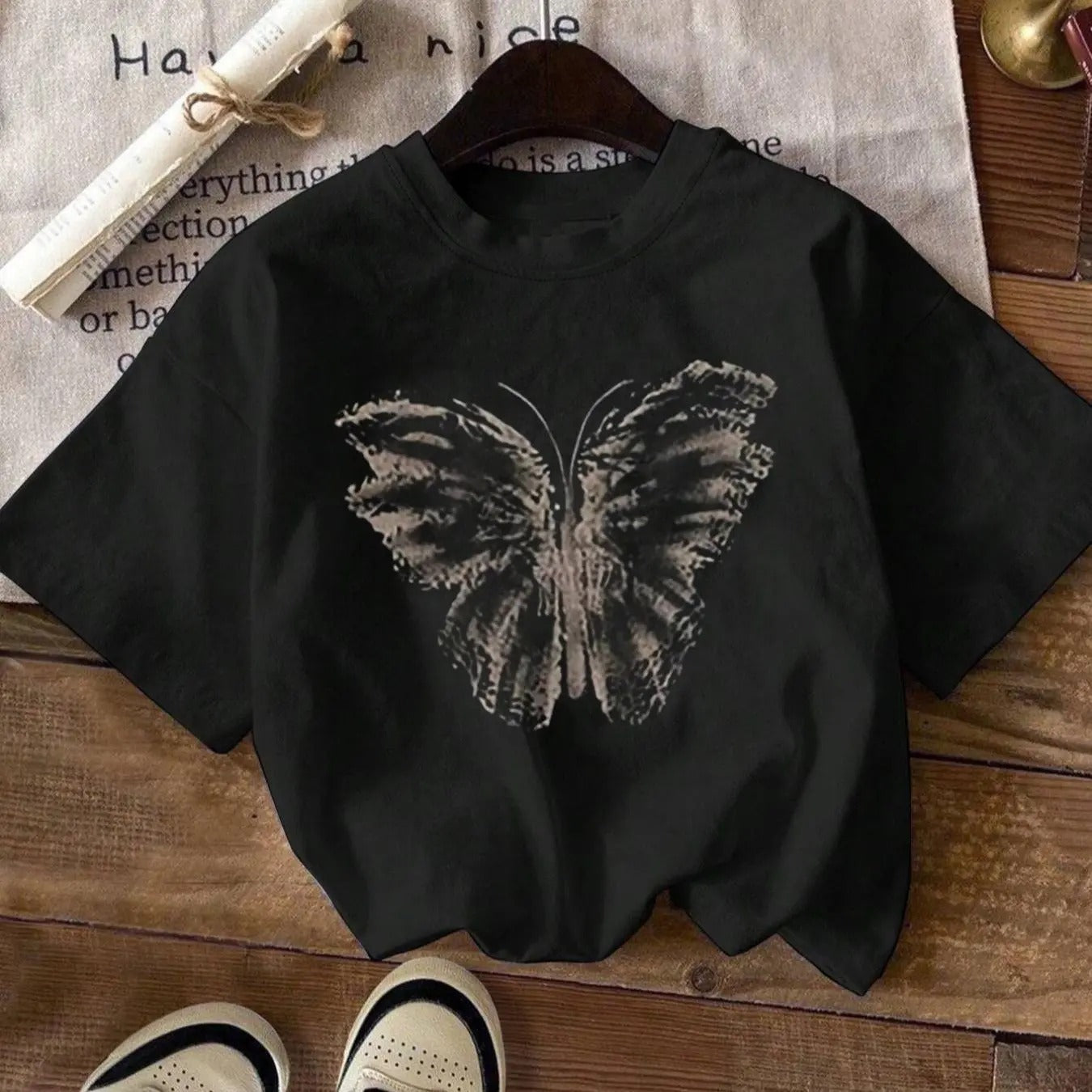Women's Butterfly Print Drop Shoulder Tee, Casual Short Sleeve Round Neck T-shirt for Daily Wear, Ladies Clothes for All...