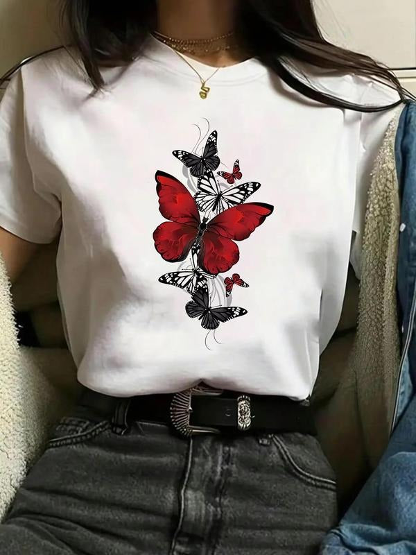 Butterfly Print Round Neck Casual Chic Short Sleeve Crew Neck Daily Clothes All Seasons T-Shirts, Hoodie, Sweatshirt