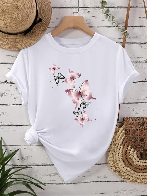 Women's Butterfly Print Round Neck Tee, Casual Short Sleeve Crew Neck T-Shirt for Daily Wear, Ladies Clothes for All...