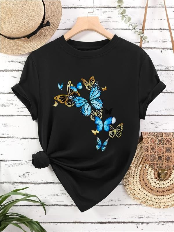 Women's Butterfly Print Round Neck Tee, Casual Short Sleeve Crew Neck T-Shirt for Daily Wear, Ladies Clothes for All...