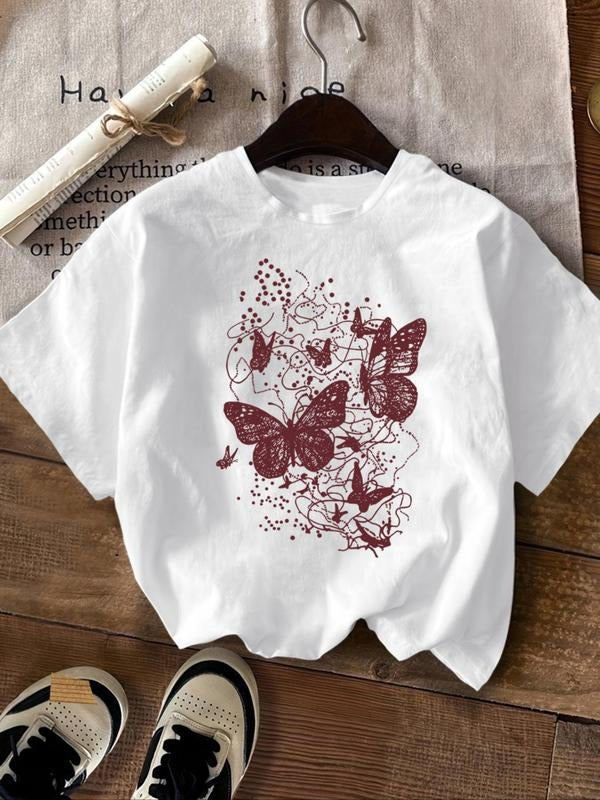 Women's Butterfly Print Round Neck Tee, Casual Short Sleeve Crew Neck T-Shirt for Summer, Fashion Women's Top for Daily...
