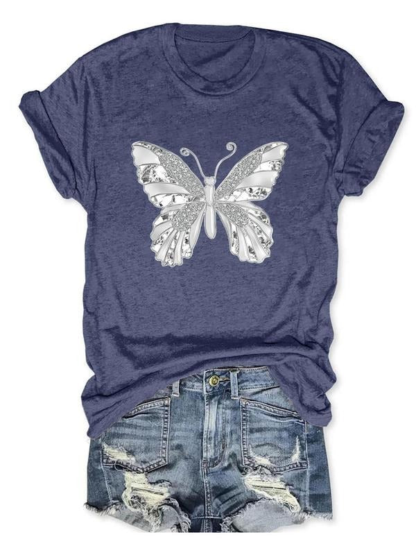 Women's Butterfly Print Round Neck Tee, Casual Short Sleeve Crew Neck T-shirt for Daily Wear, Ladies Clothes for All...