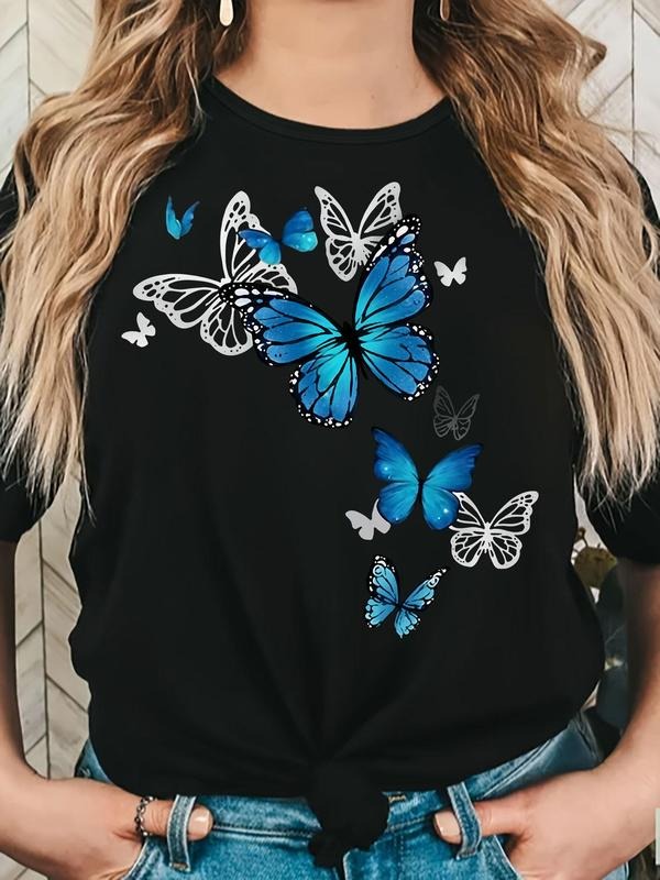 Women's Butterfly Print Round Neck Tee, Casual Short Sleeve Crew Neck T-shirt for Summer, Fashion Women's Top for Daily...