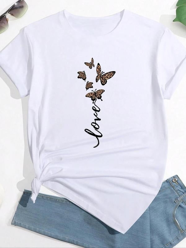 Women's Butterfly Print Round Neck Tee, Casual Short Sleeve T-Shirt for Summer, Fashion Women's Top for Daily Wear style...