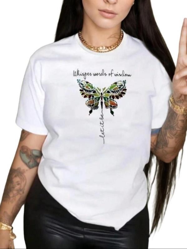 Women's Butterfly Print Round Neck Tee, Fashion Casual Crew Neck T-Shirt for Daily Holiday Vacation Outdoor Wear, Ladies...