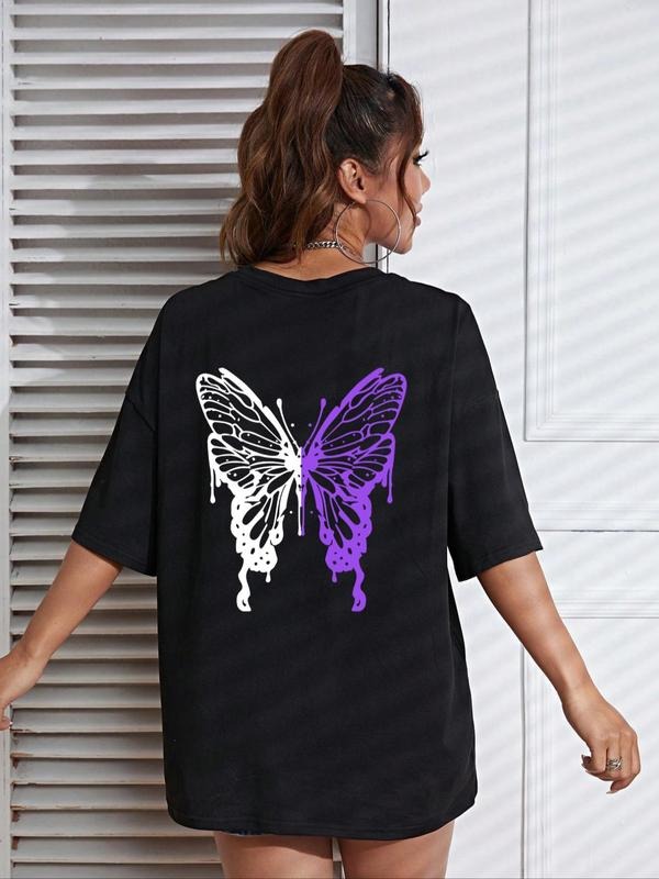 Women's Butterfly Print Round Neck Tee, Summer Clothes Women, Fashion Casual Drop Shoulder Short Sleeve T-shirt for Daily...