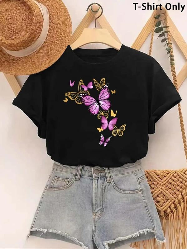 Women's Butterfly Print Round Neck Tee, Trendy Crew Neck Short Sleeve T-Shirt, Ladies Summer Outfit Hoodie, Sweatshirt