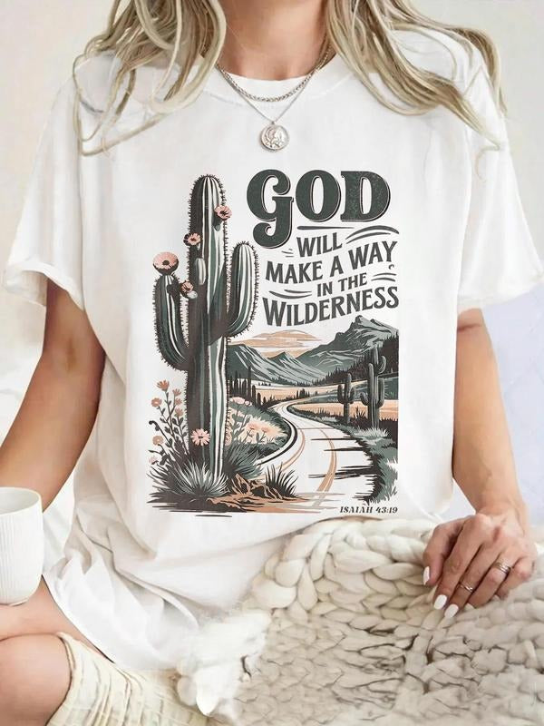 Women's Cactus & Letter Print Round Neck Graphic Tee, Vintage Trendy Casual Short Sleeve T-shirt for Daily Wear, Ladies...