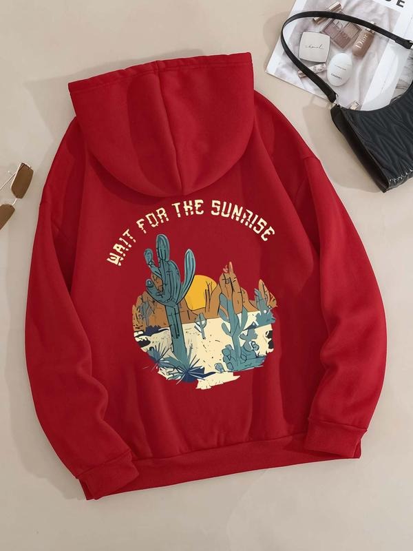 Women's Cactus Print Drop Shoulder Hoodie, Fashion Casual Letter Print Drawstring Pocket Hooded Sweatshirt for Daily...