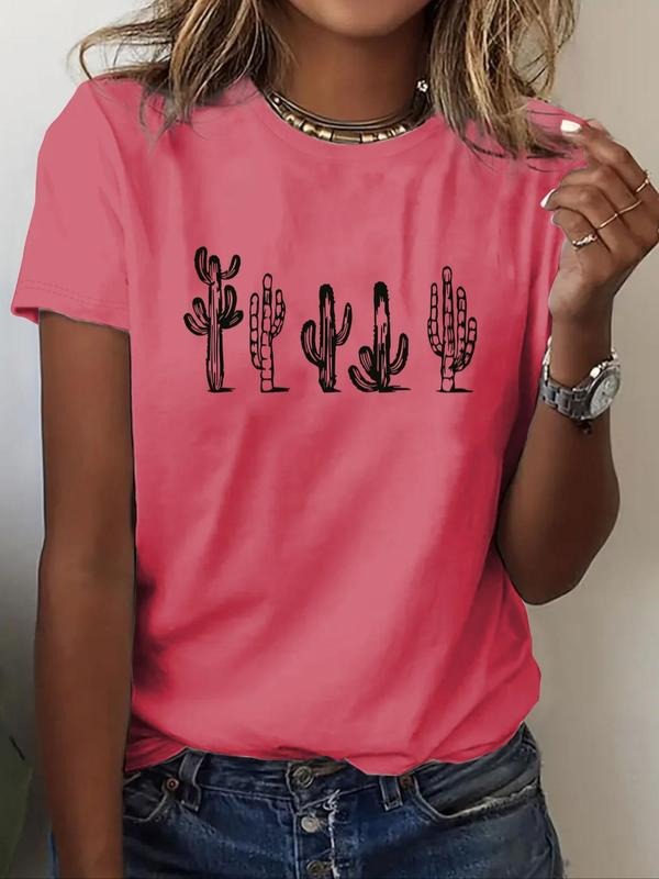 Women's Cactus Print Round Neck Tee, Casual Short Sleeve Crew Neck T-Shirt for Summer, Fashion Women's Top for Daily Wear...