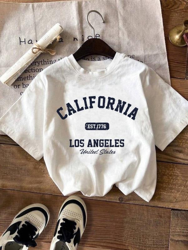 Women's California Print Round Neck T-Shirt, Casual Short Sleeve Top, Loose-Fitting Summer Wear, Daily Fashion Tee...