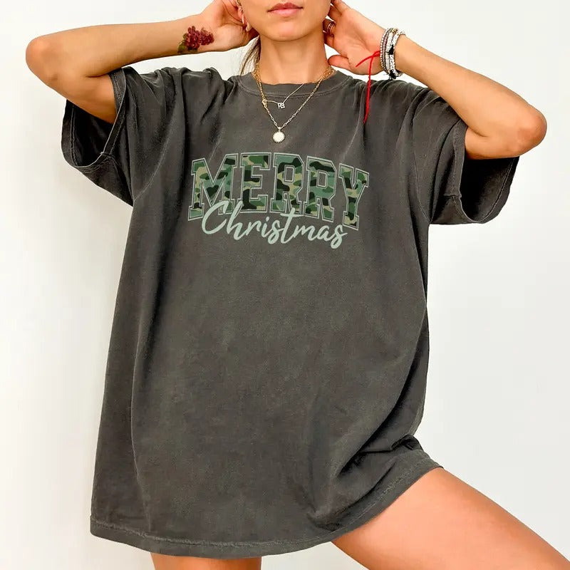 Women's Camo Merry Christmas Varsity Shirt Comfort Colors, Camouflage Christmas T-shirt, Xmas Holiday Gift Idea, Soft...