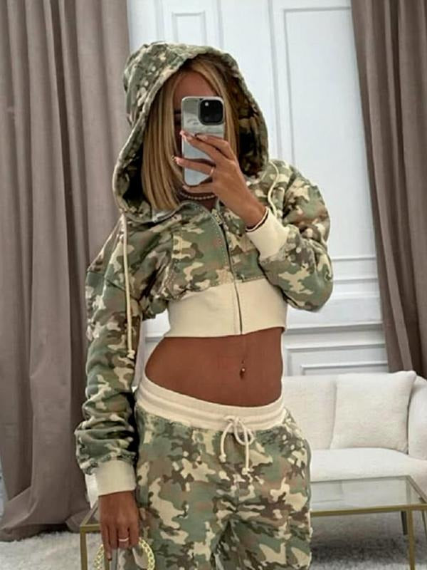 Women's Camo Print Drawstring Zip Up Hoodie, Street Fashion Casual Pocket Hooded Sweatshirt for Daily Holiday Outdoor...