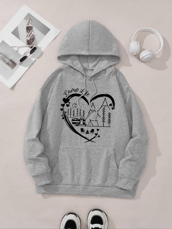 Women's Camping & Heart Print Drop Shoulder Hoodie, Casual Drawstring Pocket Hooded Sweatshirt for Daily Holiday Outdoor...