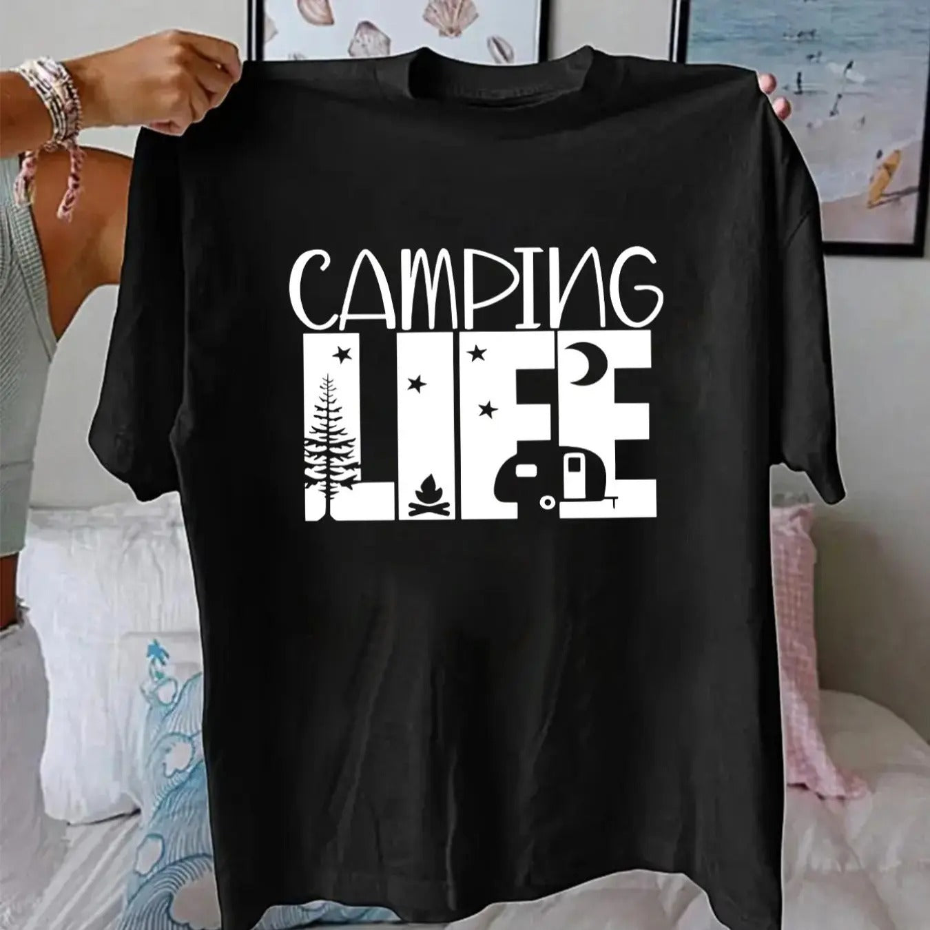 Women's Camping Life Letter Print Round Neck Tee, Casual Short Sleeve T-shirt for All Seasons, Women's Top for Daily Wear...